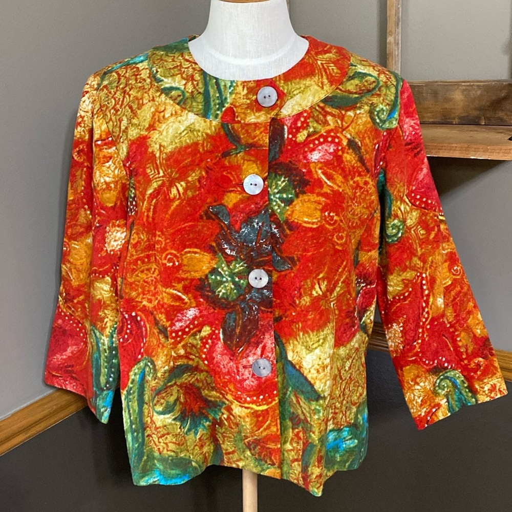 Chico’s Red orange & green Utopian Flower Amalia jacket top size L